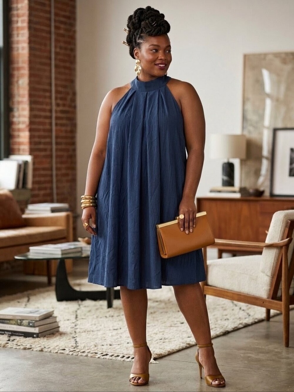 Navy Textured Halter Midi Dress